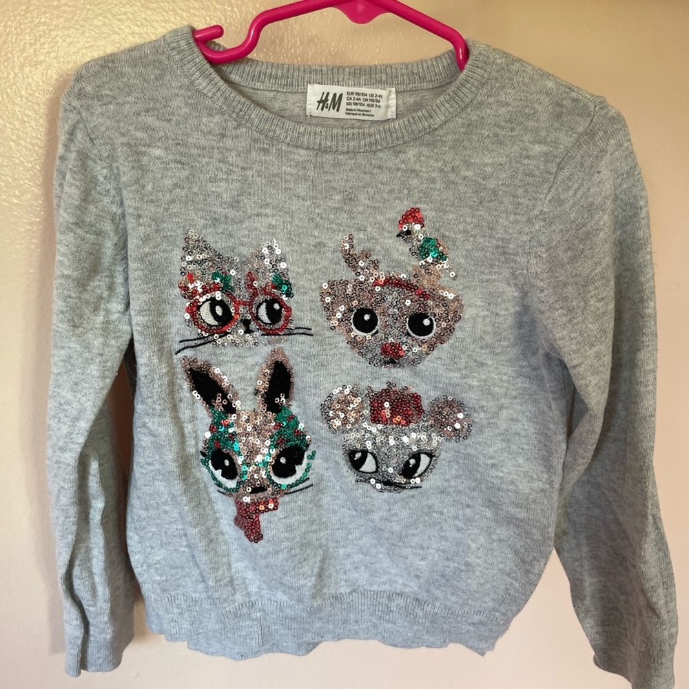 H&M Gray Sequin Christmas Animal Sweater